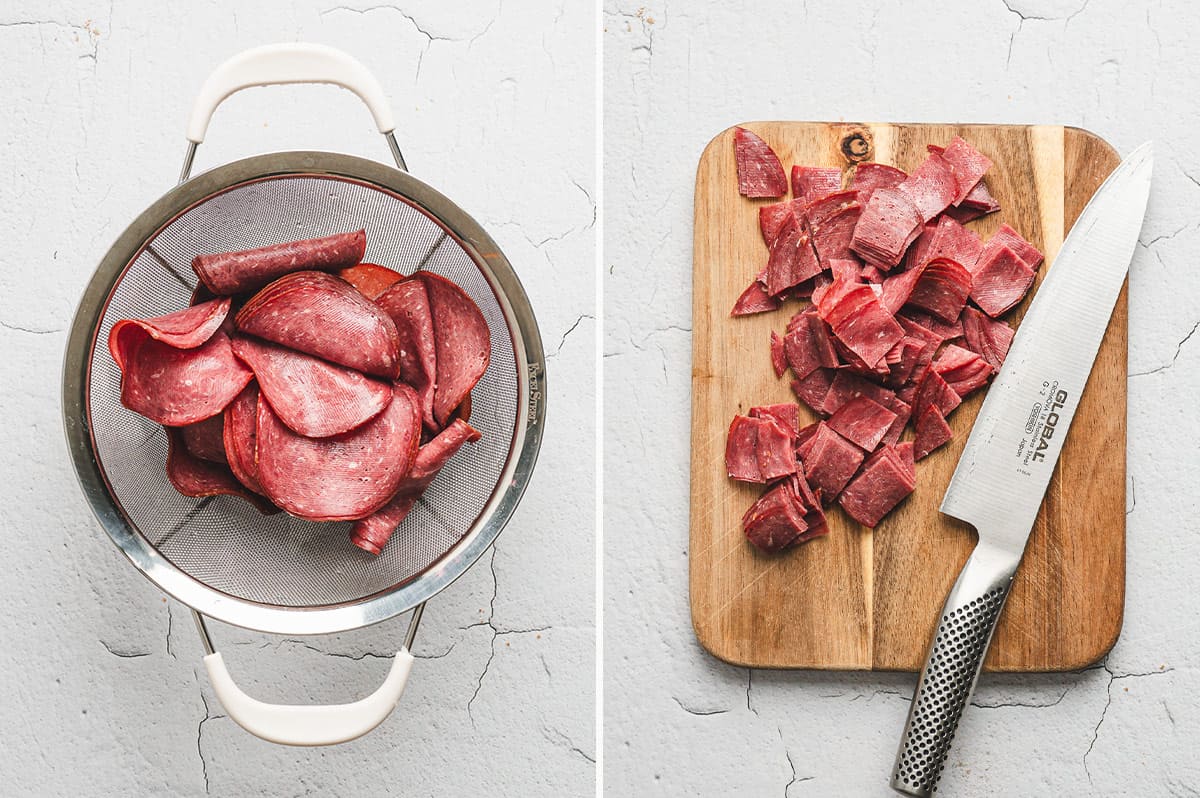 Side-by-side photos showing rinsed slices of dried beef in a strainer, and the same beef cut into small squares on a wooden cutting board with a chef’s knife.