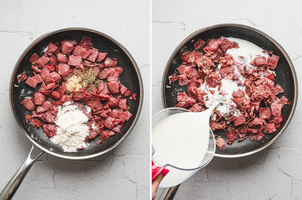 Side-by-side photos of beef in a skillet with flour, garlic powder, oregano, and red pepper flakes sprinkled on top, and milk being poured into the pan.