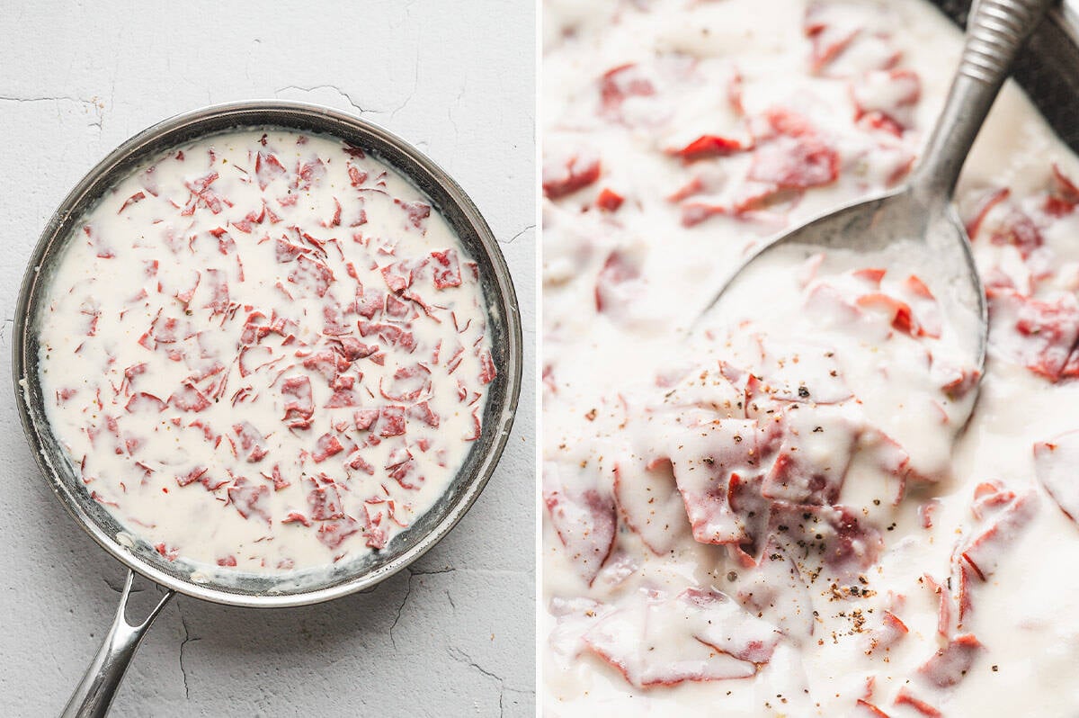 Side-by-side images showing chipped beef simmering in a creamy white sauce in a skillet, and a close-up of the thickened sauce being stirred with a spoon.