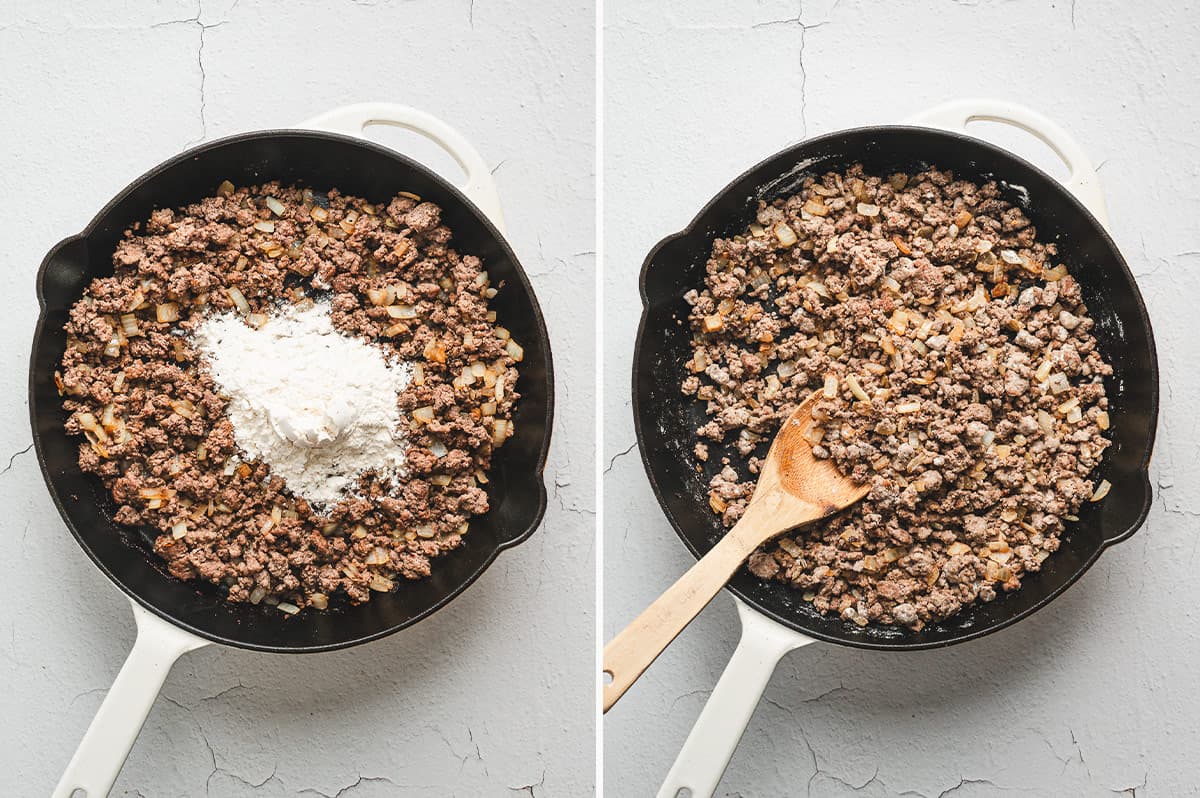 Flour sprinkled over browned ground beef and onions in a skillet before mixing to form the base of the gravy.