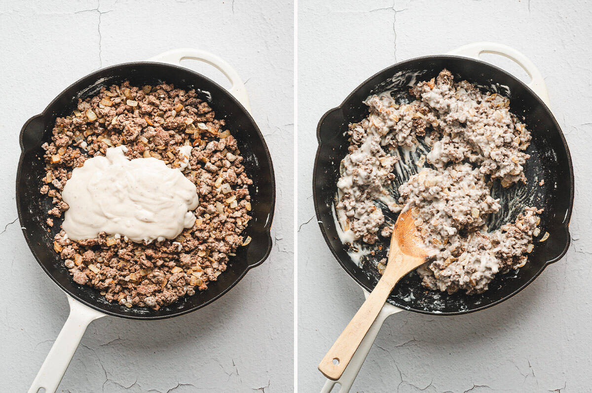 Condensed cream of mushroom soup poured over cooked beef and onions in a skillet, then stirred together.