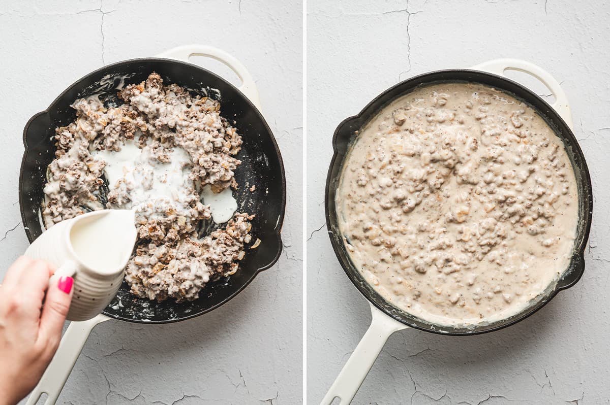 Milk being poured into a skillet of beef and mushroom mixture, then whisked into a creamy gravy.
