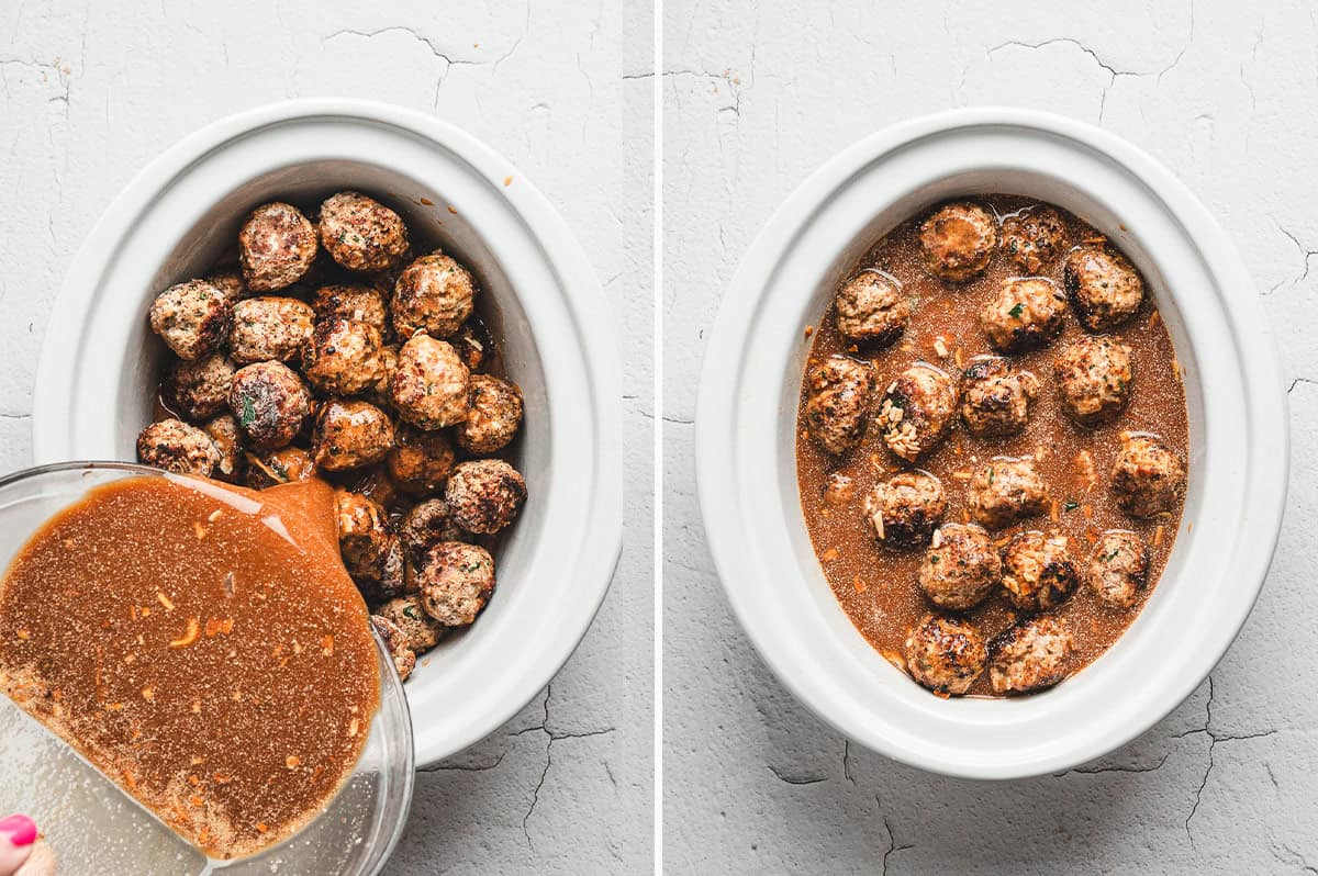 Split image showing Salisbury steak meatballs in a slow cooker. On the left, brown gravy mixture is being poured over the meatballs. On the right, the meatballs are fully covered in the gravy inside the slow cooker.