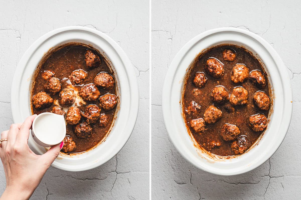 Slow cooker with Salisbury steak meatballs in gravy, one side showing cornstarch flurry being poured in and the other fully stirred.