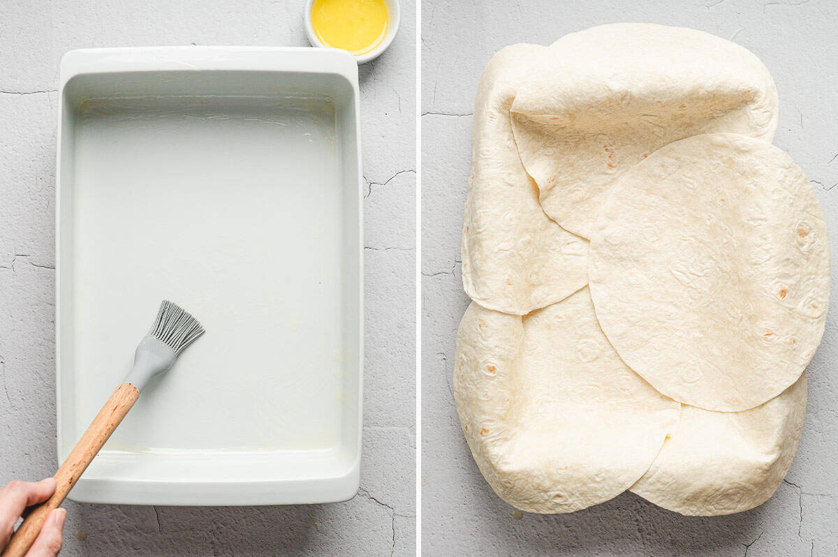 Side-by-side images: casserole dish being brushed with melted butter, and flour tortillas arranged to cover the bottom and sides.