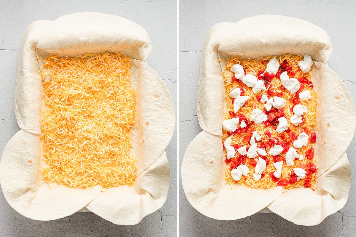 Side-by-side images: shredded Mexican blend cheese spread over tortillas, then topped with dollops of sour cream and drained ROTEL tomatoes.