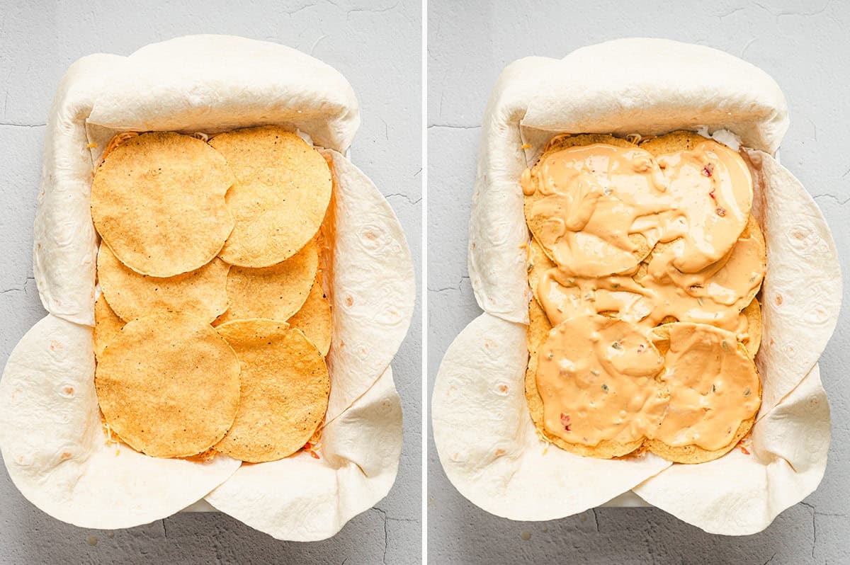 Side-by-side images: tostada shells layered over sour cream and tomatoes, then spread with creamy nacho cheese sauce.