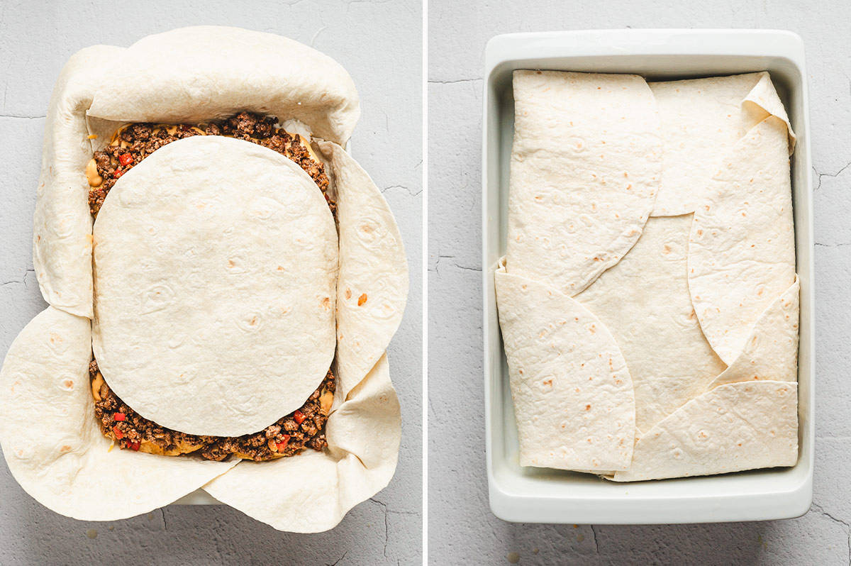 Side-by-side images: one large flour tortilla placed in the center of the beef layer, then folded tortillas covering the top of the casserole.