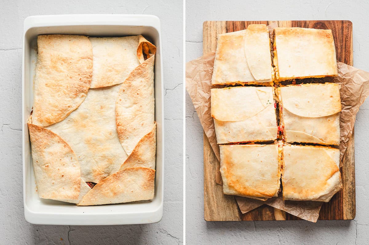 Side-by-side images: golden-brown baked casserole in dish, and casserole inverted, cut into large squares on a wooden board lined with parchment.