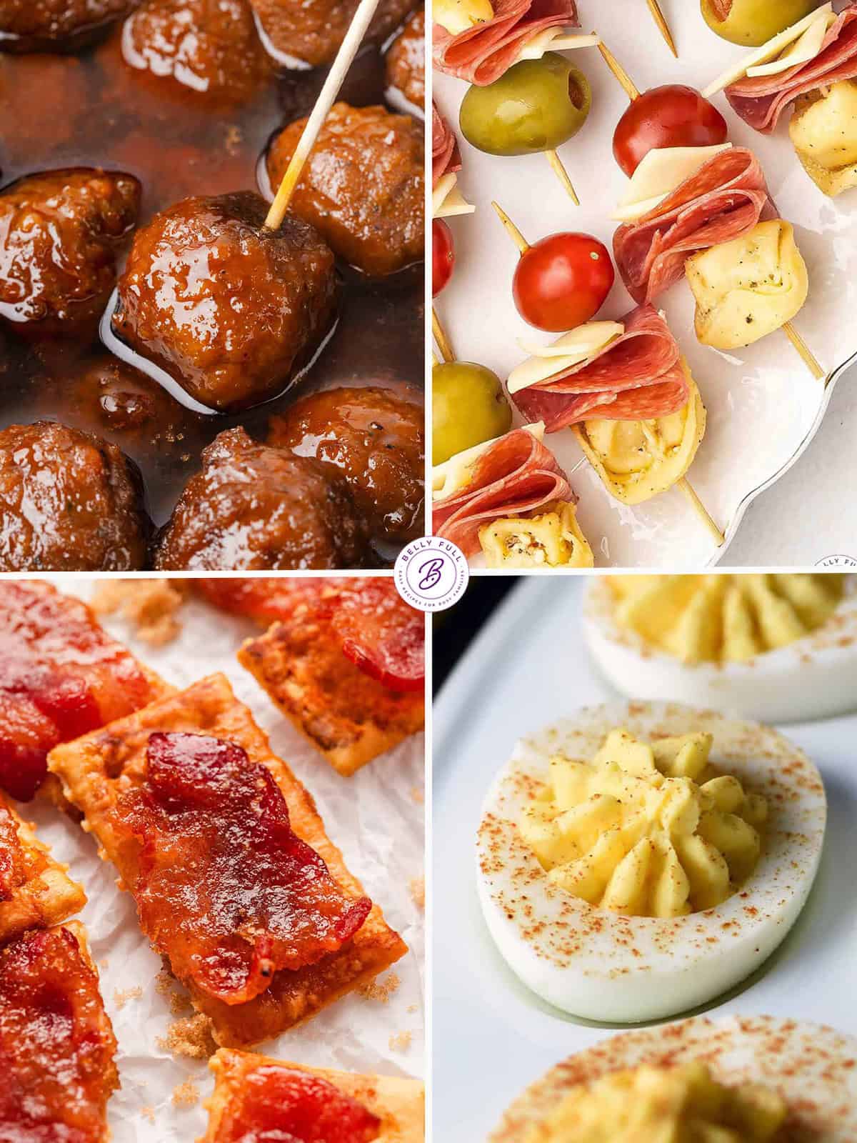 4 image collage of grape jelly meatballs, tortellini kabobs, bacon crackers, and deviled eggs