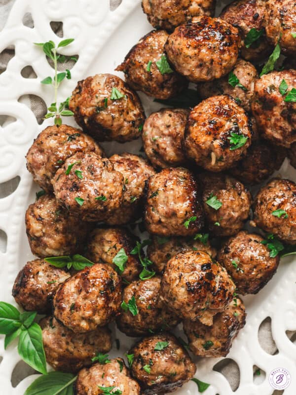 overhead plate of homemade Italian Meatballs