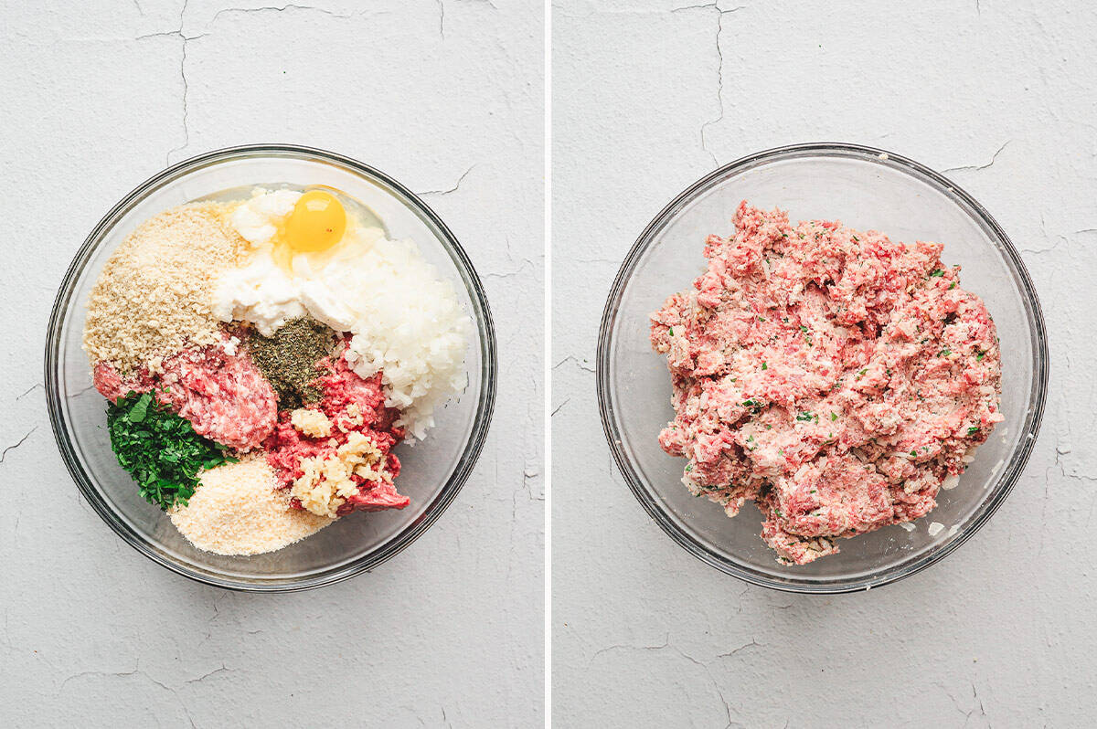 ingredients for homemade Italian Meatballs mixed together in bowl