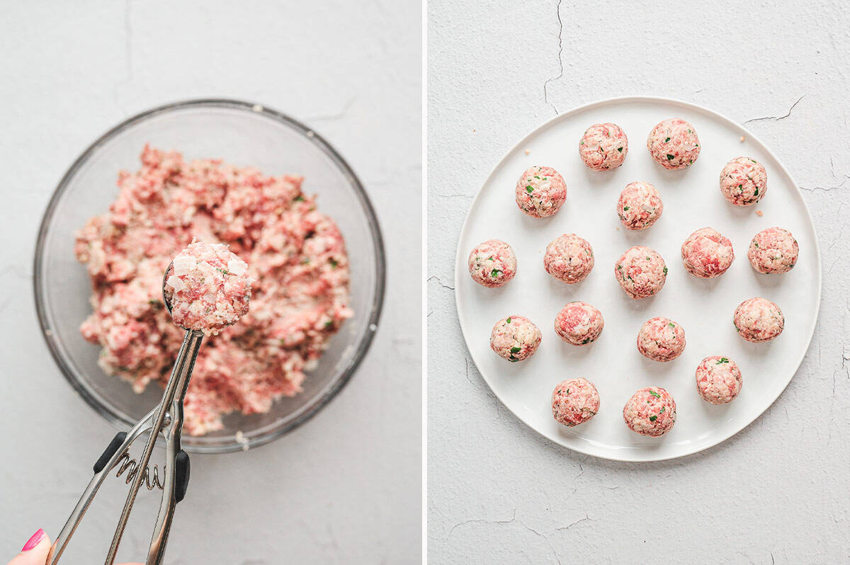 homemade Italian Meatballs being formed into balls with cookie scoop