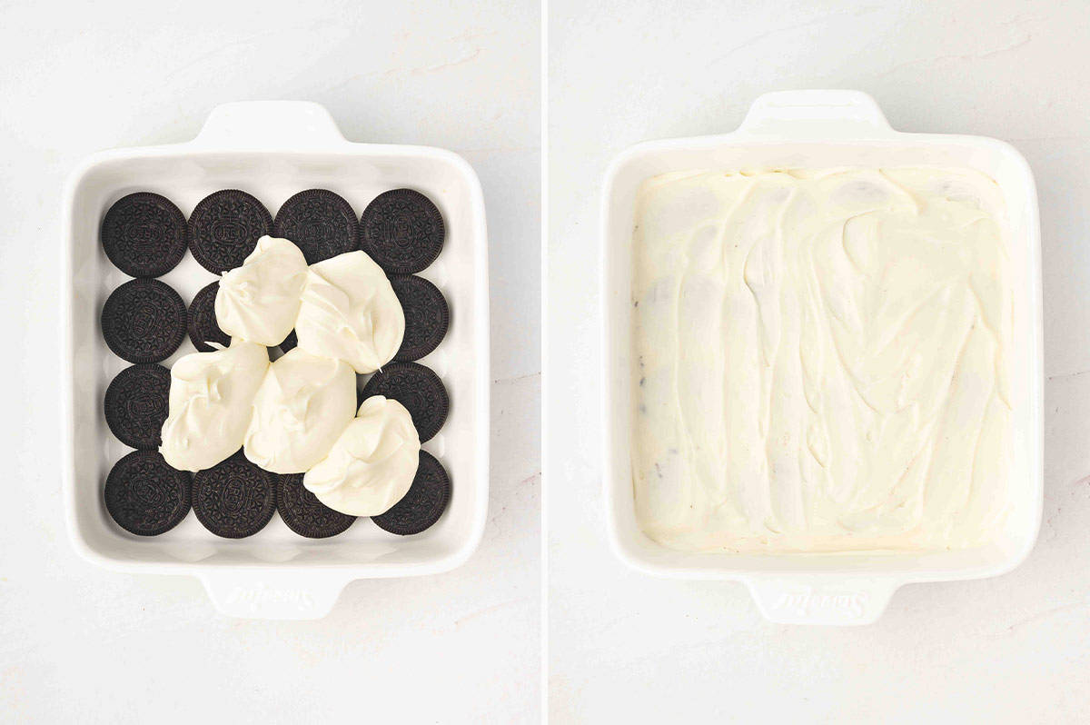 A baking dish showing a layer of Oreos topped with dollops of mascarpone cream (left) and the cream spread evenly over the cookies (right).