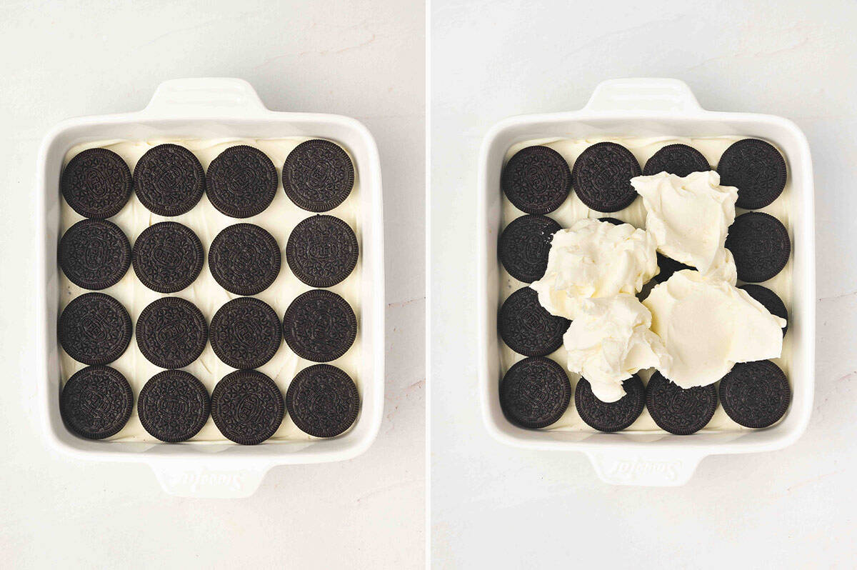 Another layer of Oreos arranged on top of the cream (left) and then topped with large dollops of mascarpone cream (right).