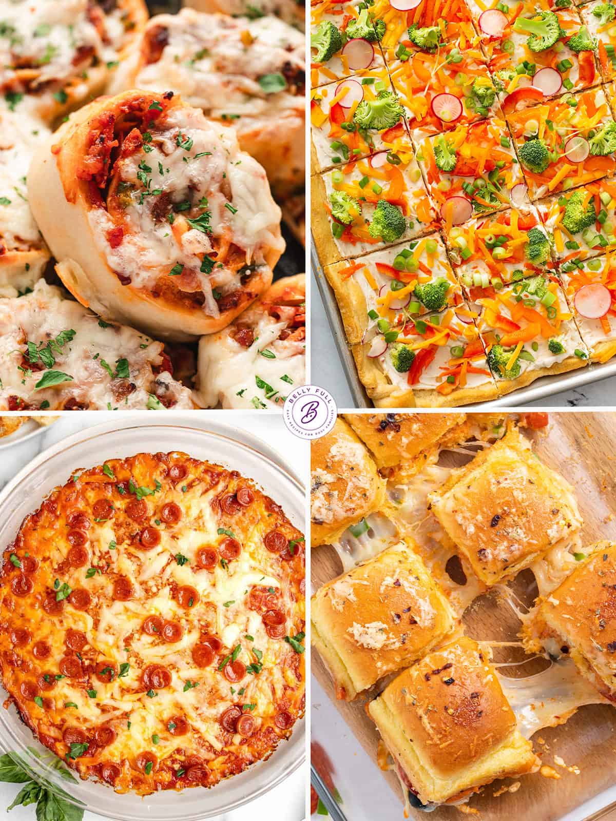 4 image collage of pizza rolls, pizza sliders, pizza dip, and veggie pizza