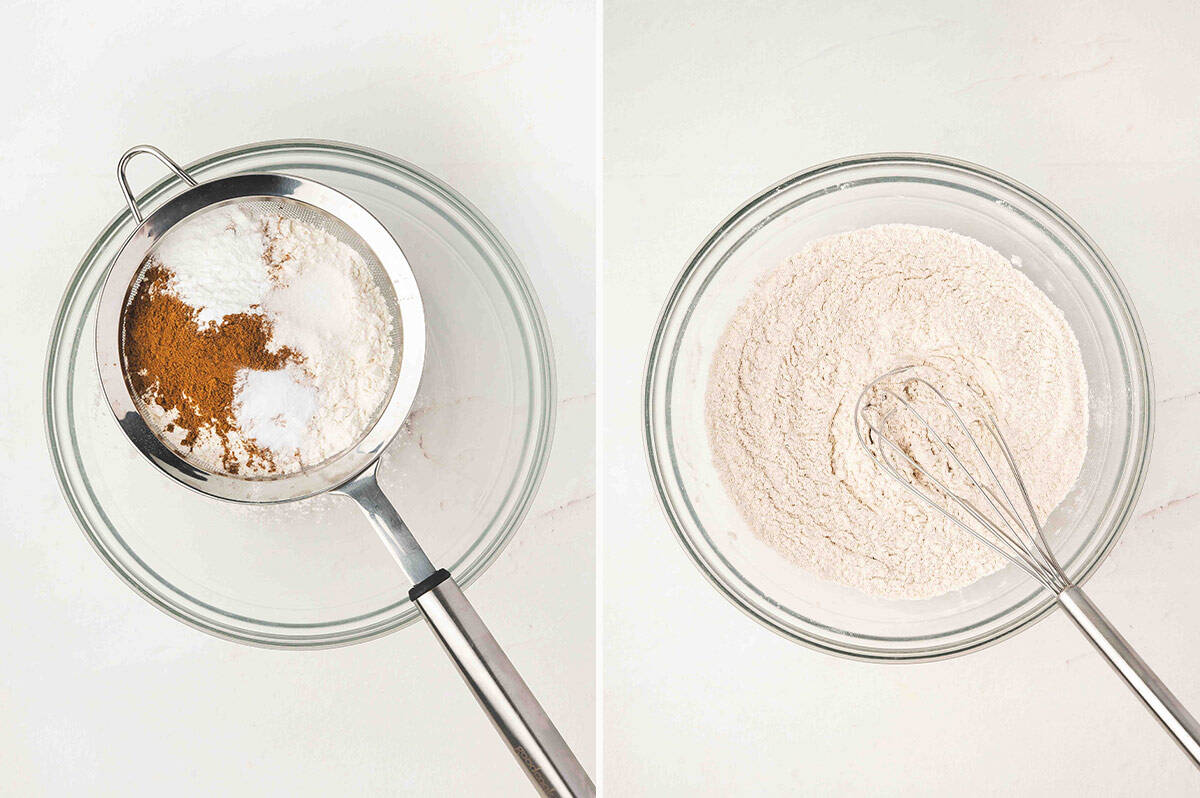 Side by side photos of flour, baking powder, baking soda, salt, and pumpkin pie spice being sifted into a bowl, then whisked together until blended.