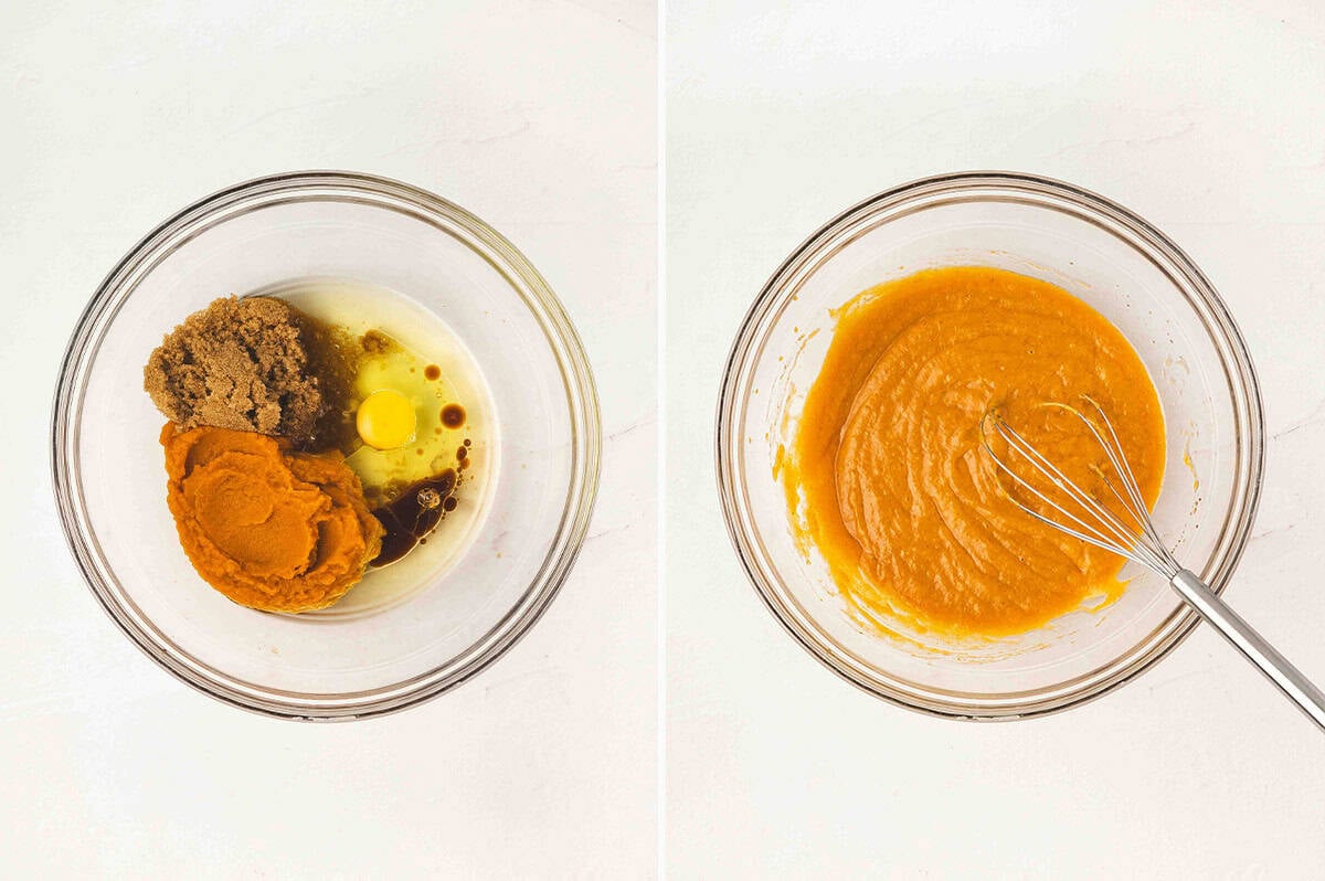 Side by side photos of pumpkin puree, brown sugar, egg, oil, and vanilla in a bowl, then whisked into a smooth orange mixture.