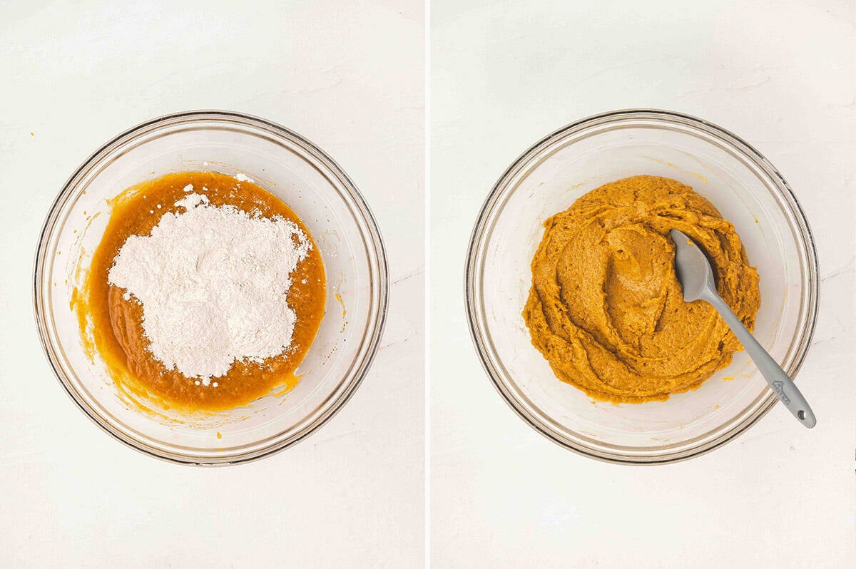 Side by side photos showing the flour mixture added to the pumpkin mixture in a glass bowl, then stirred into a thick orange batter.