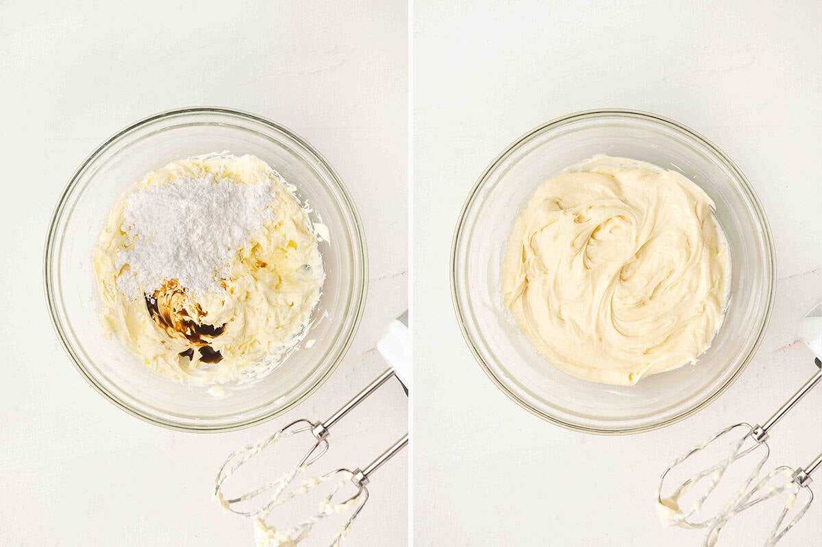 Side by side photos of cream cheese, butter, powdered sugar, and vanilla in a bowl, then whipped into a smooth, creamy frosting.
