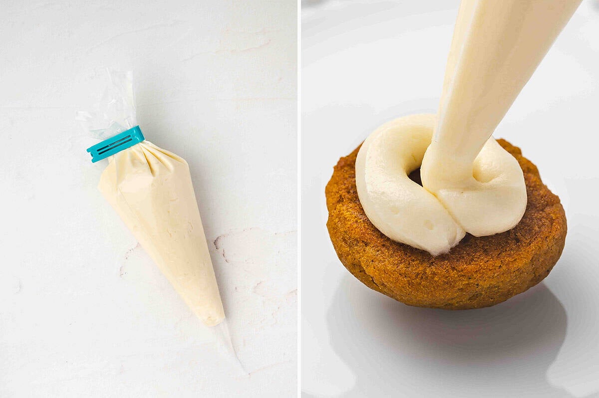 Side by side photos of cream cheese frosting in a piping bag and frosting being piped onto the flat side of a pumpkin cake.