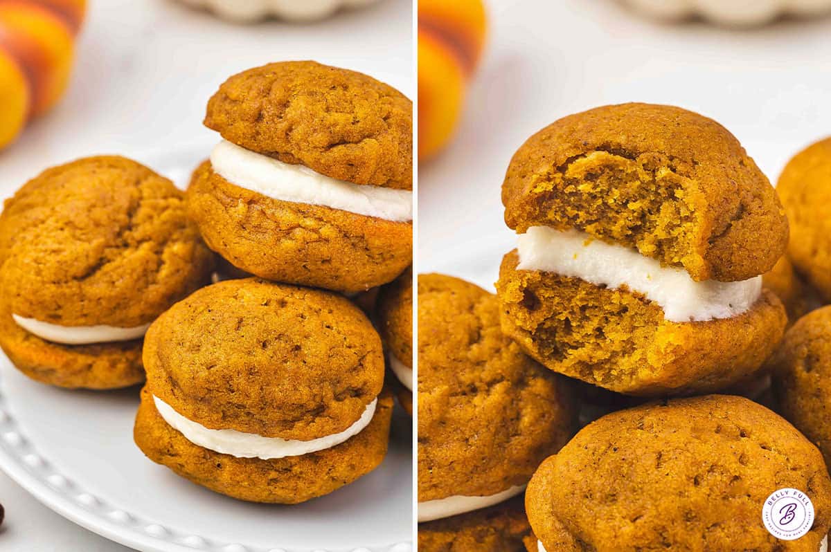 Side by side photos of pumpkin whoopie pies filled with cream cheese frosting, one whole and stacked on a plate, and one with a bite taken to show the fluffy pumpkin cake and creamy filling inside.