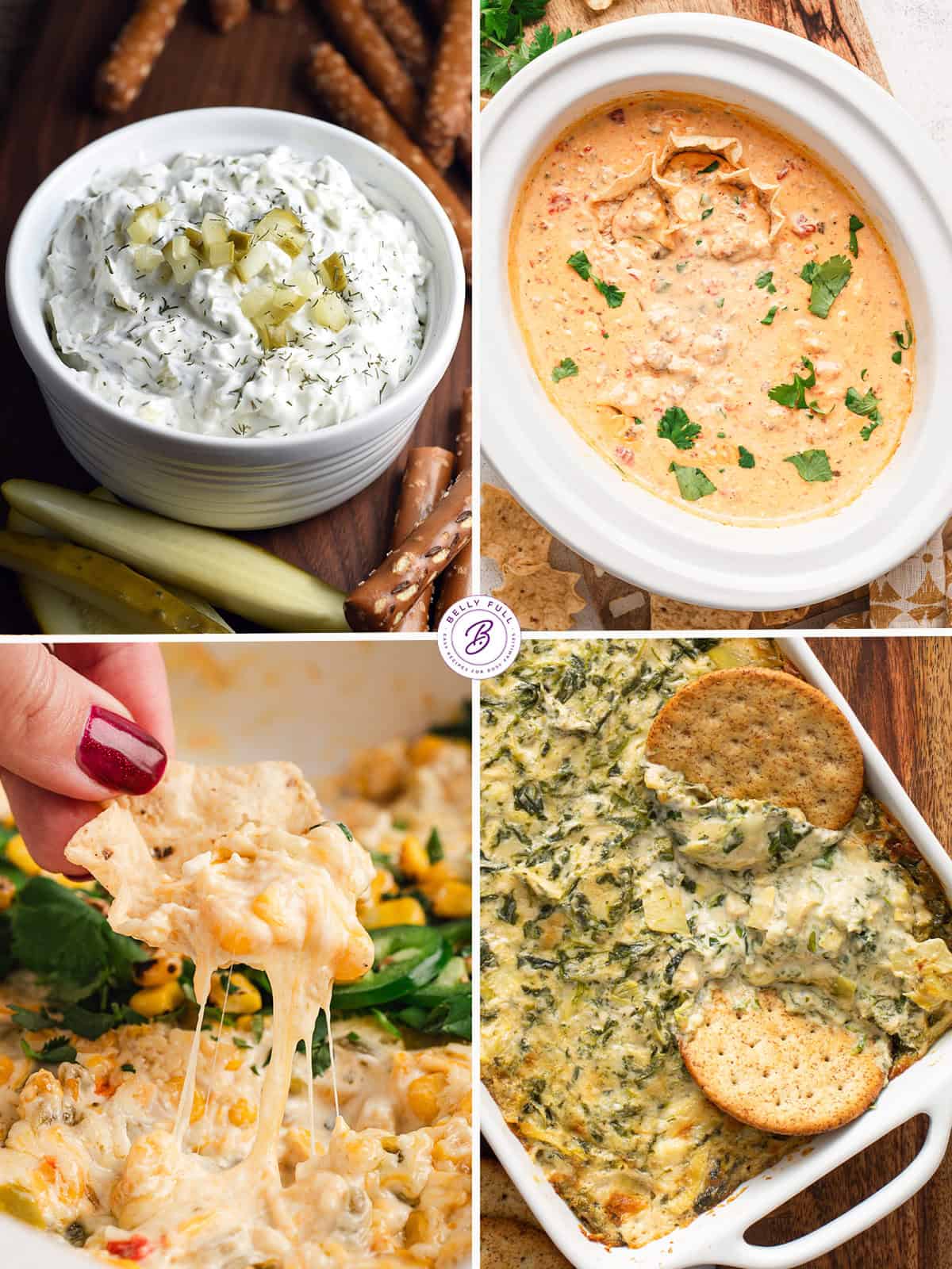 4 image collage of savory dips