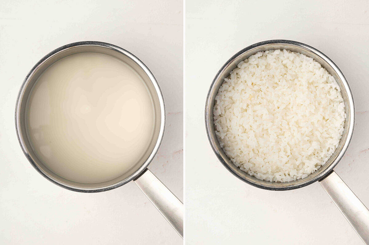 Side-by-side image showing uncooked sushi rice simmering in water and fully cooked sushi rice in a stainless steel pot.