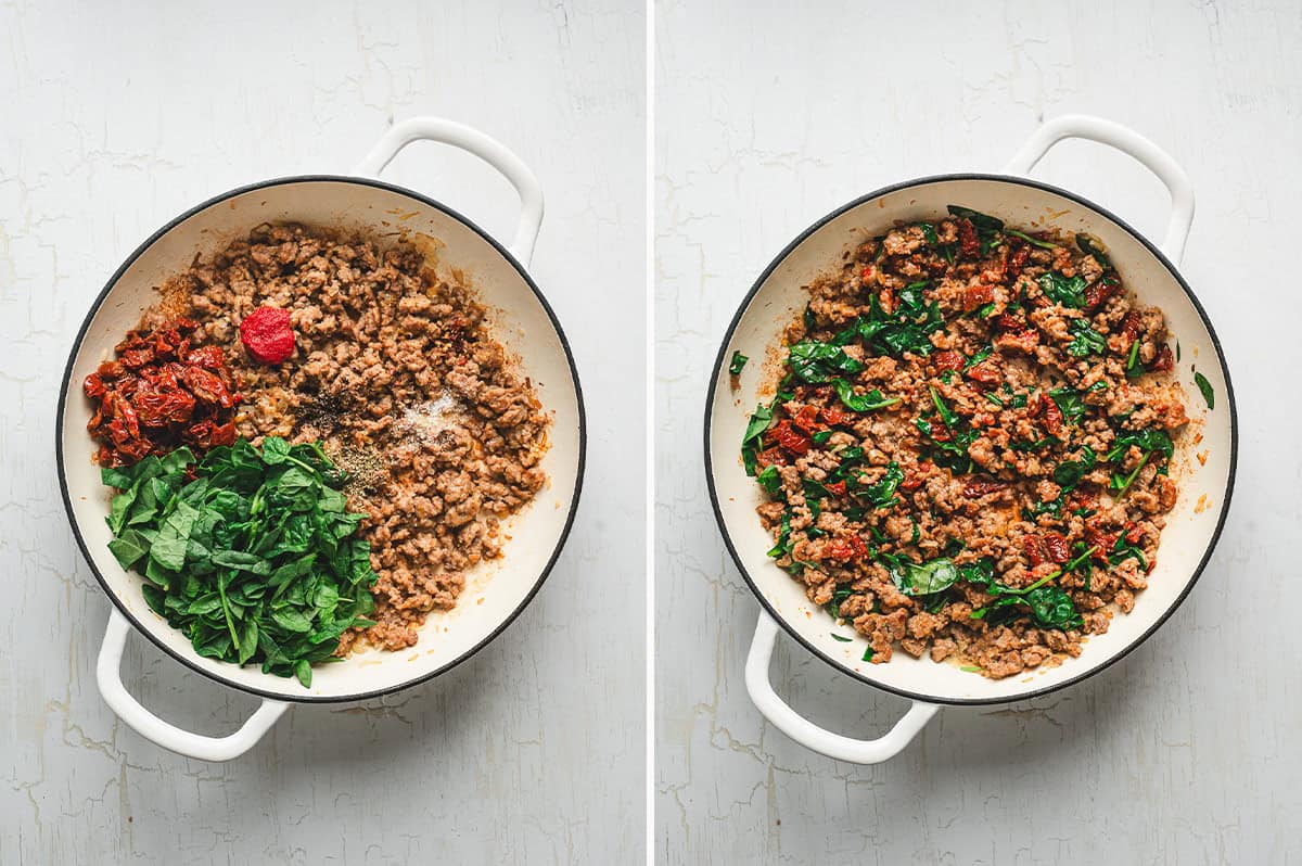 Two images showing the skillet: left side with browned sausage, tomato paste, sun-dried tomatoes, spinach, and seasonings added; right side stirred together with greens and tomatoes mixed in.