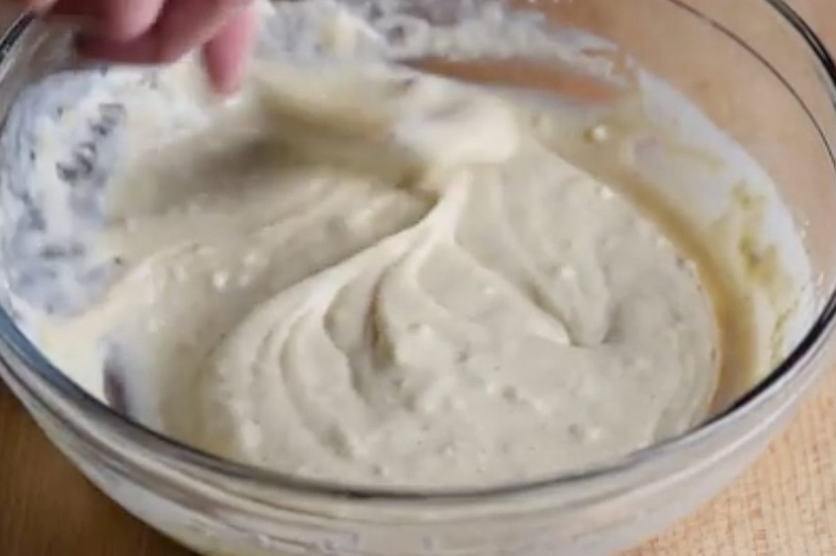 apple fritter ring batter in bowl