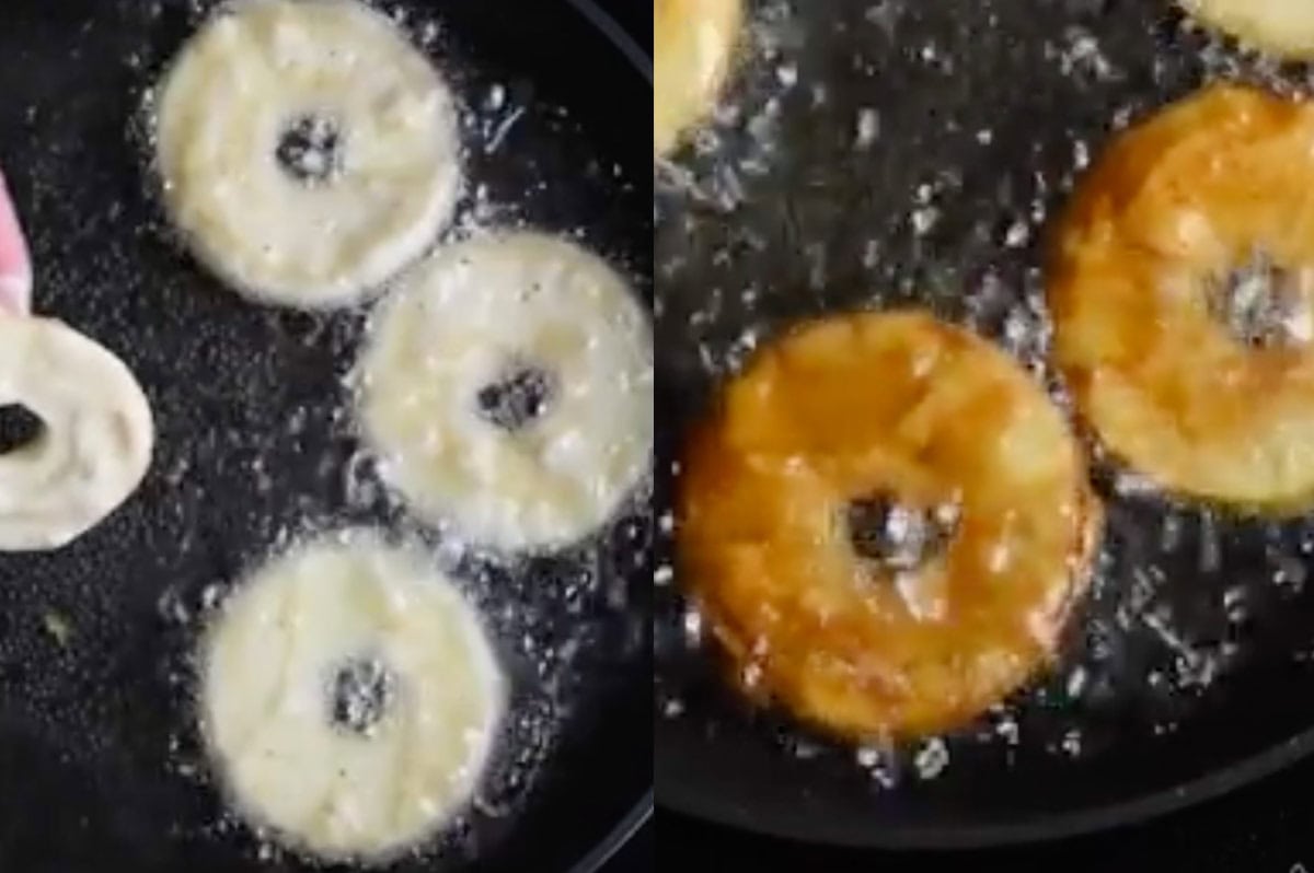 battered apple rings being fried in oil