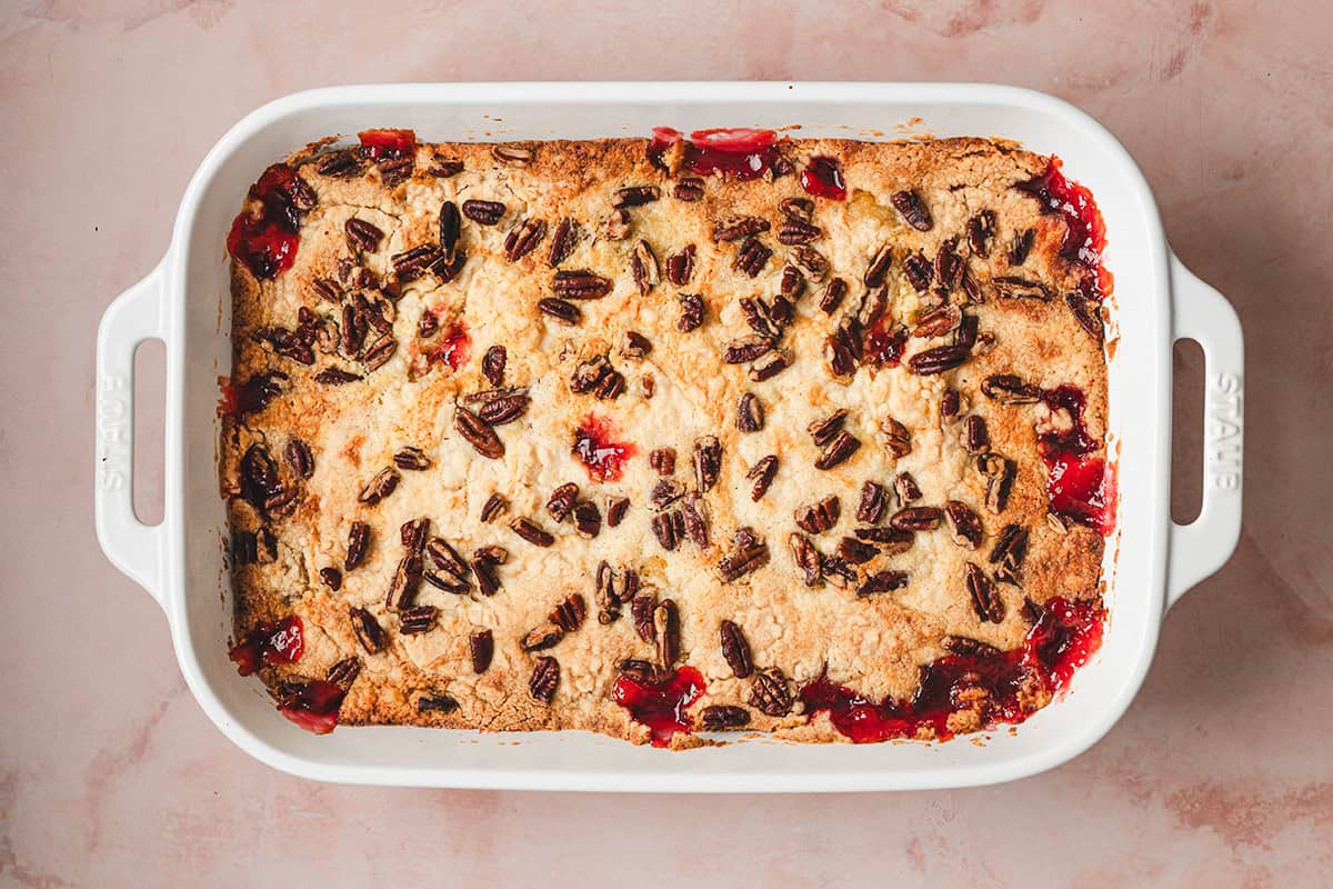 baked cherry dump cake in casserole pan