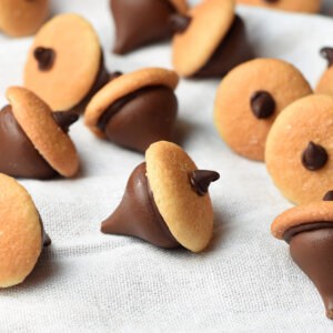 chocolate acorns with mini nilla wafer cookies and Hershey's kiss