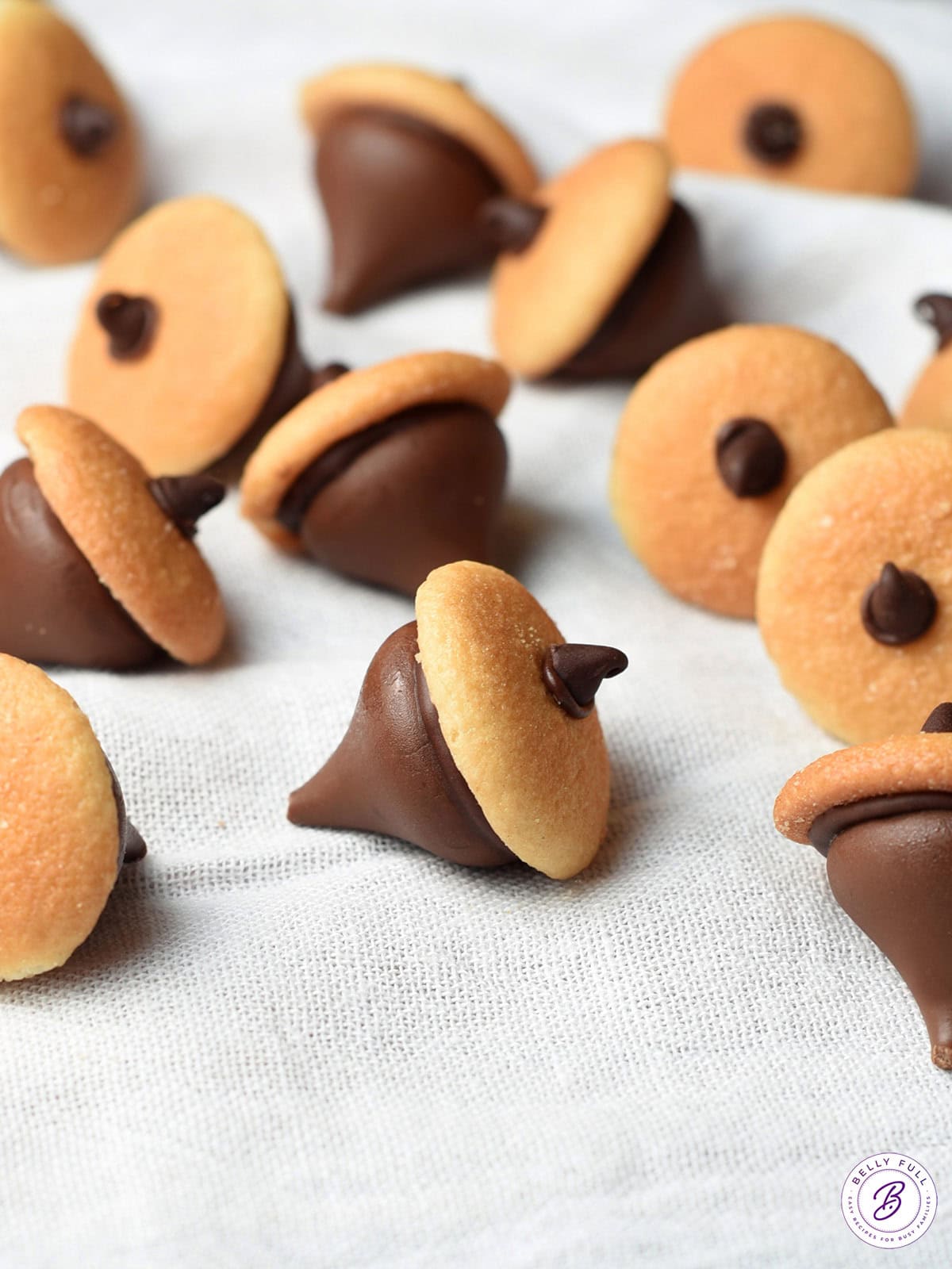 chocolate acorns with mini nilla wafer cookies and Hershey's kiss