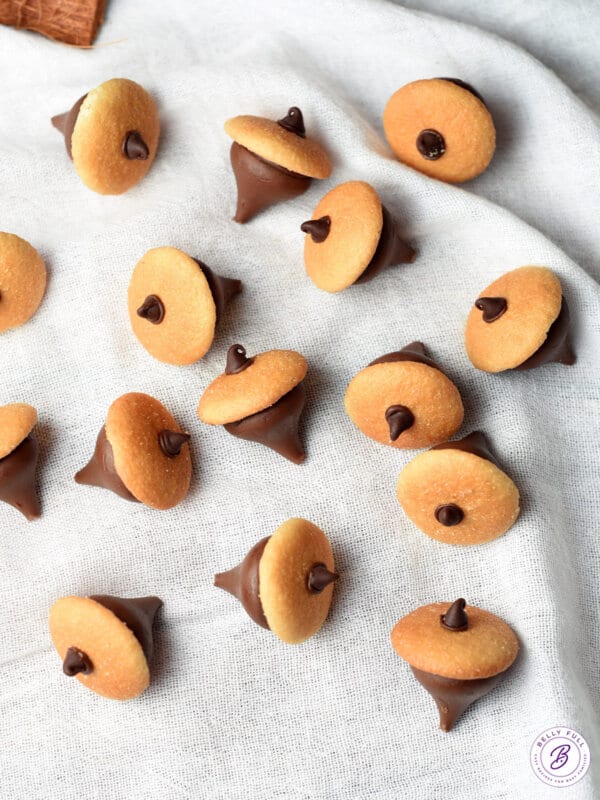 chocolate acorns with mini nilla wafer cookies and Hershey's kiss