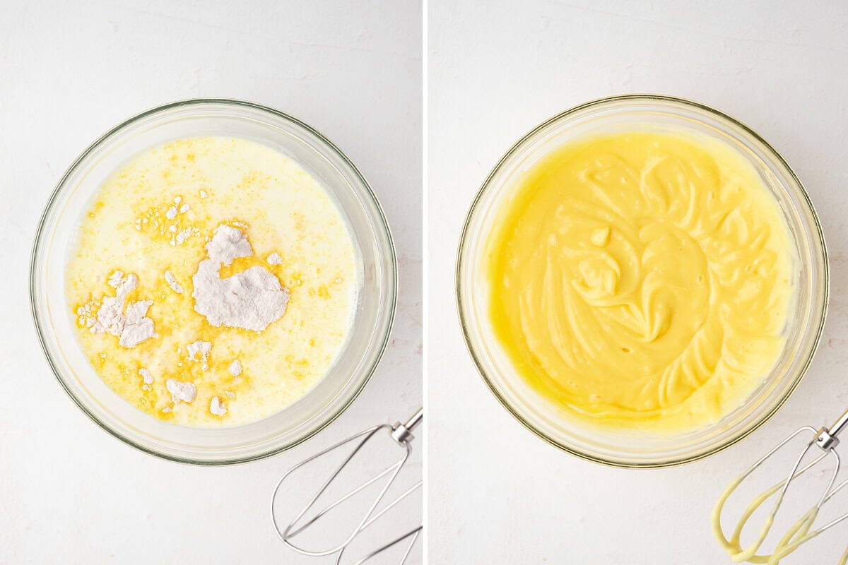 mixing bowl of vanilla pudding