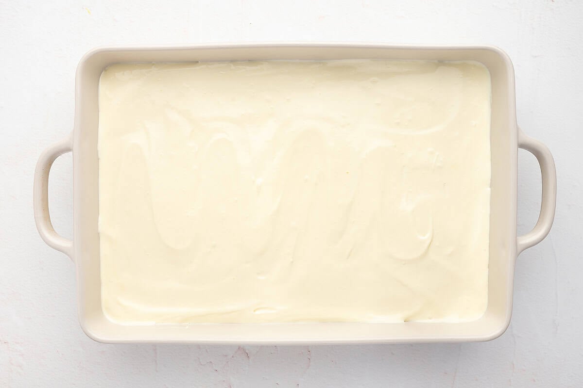 vanilla pudding layer covering casserole dish