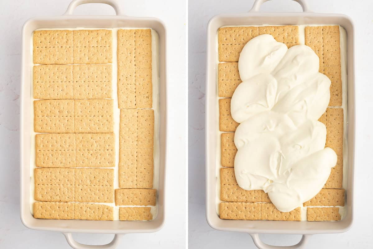 vanilla pudding being spread over a layer of graham crackers in casserole dish