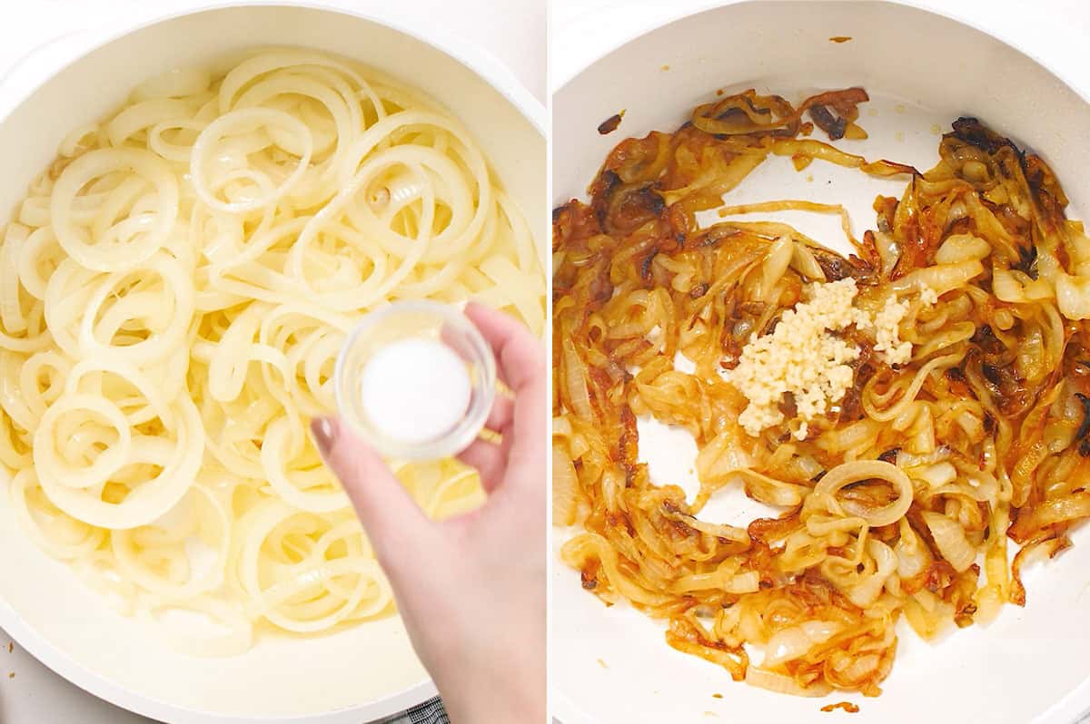 caramelized onions in pot with minced garlic