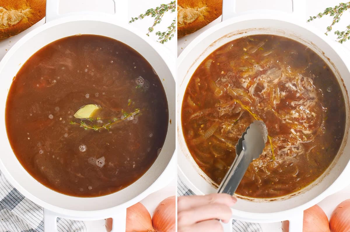 french onion soup simmering in pot