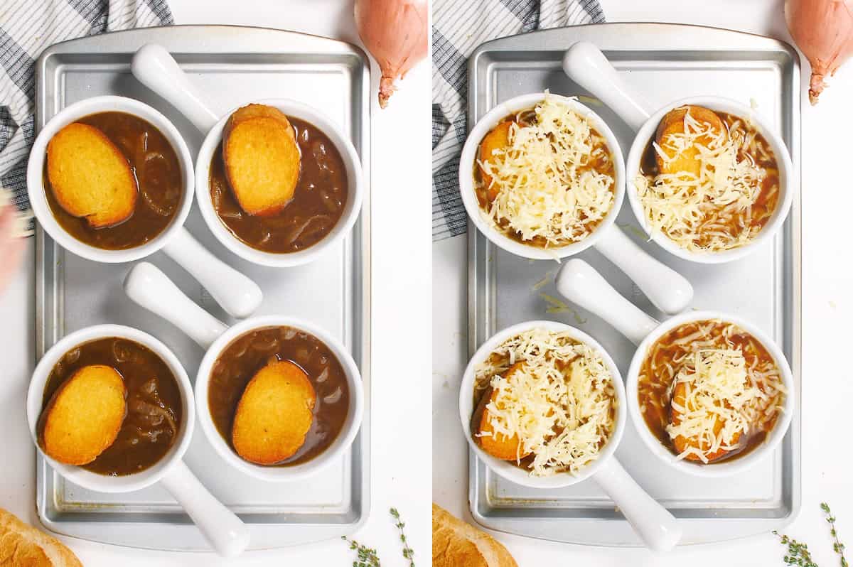 French onion soup with french bread slices topped with cheese