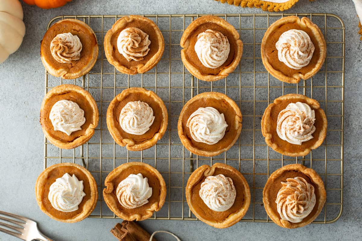 mini pumpkin pies with whipped cream on wire rack