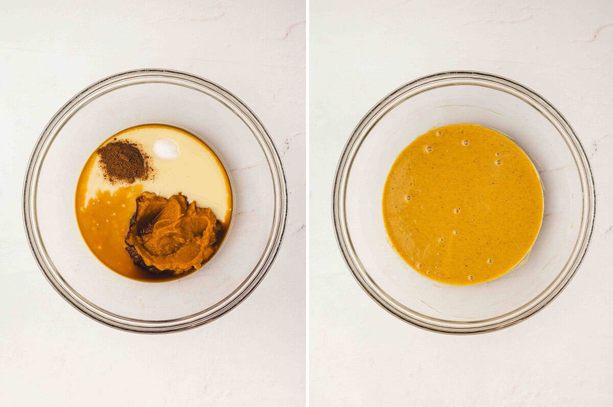Side by side images. Bowl with pumpkin puree, sweetened condensed milk, spices, and salt before mixing. And Smooth pumpkin mixture after whisking ingredients together.