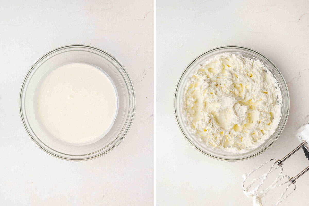 Side by side images. Heavy whipping cream in a bowl before beating. And Whipped cream beaten to stiff peaks with a hand mixer beside the bowl.