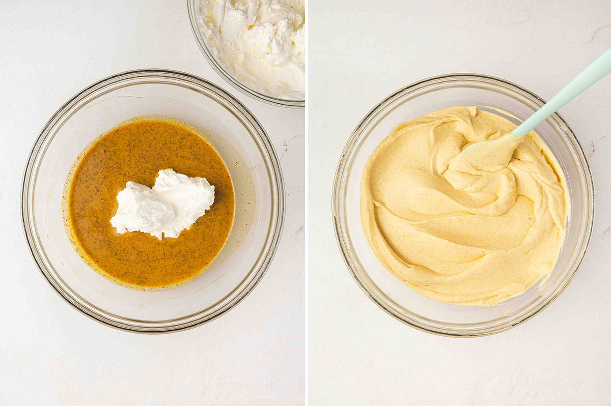 Side by side images. Dollop of whipped cream added to pumpkin mixture. And Smooth, fully folded pumpkin ice cream base ready to layer.
