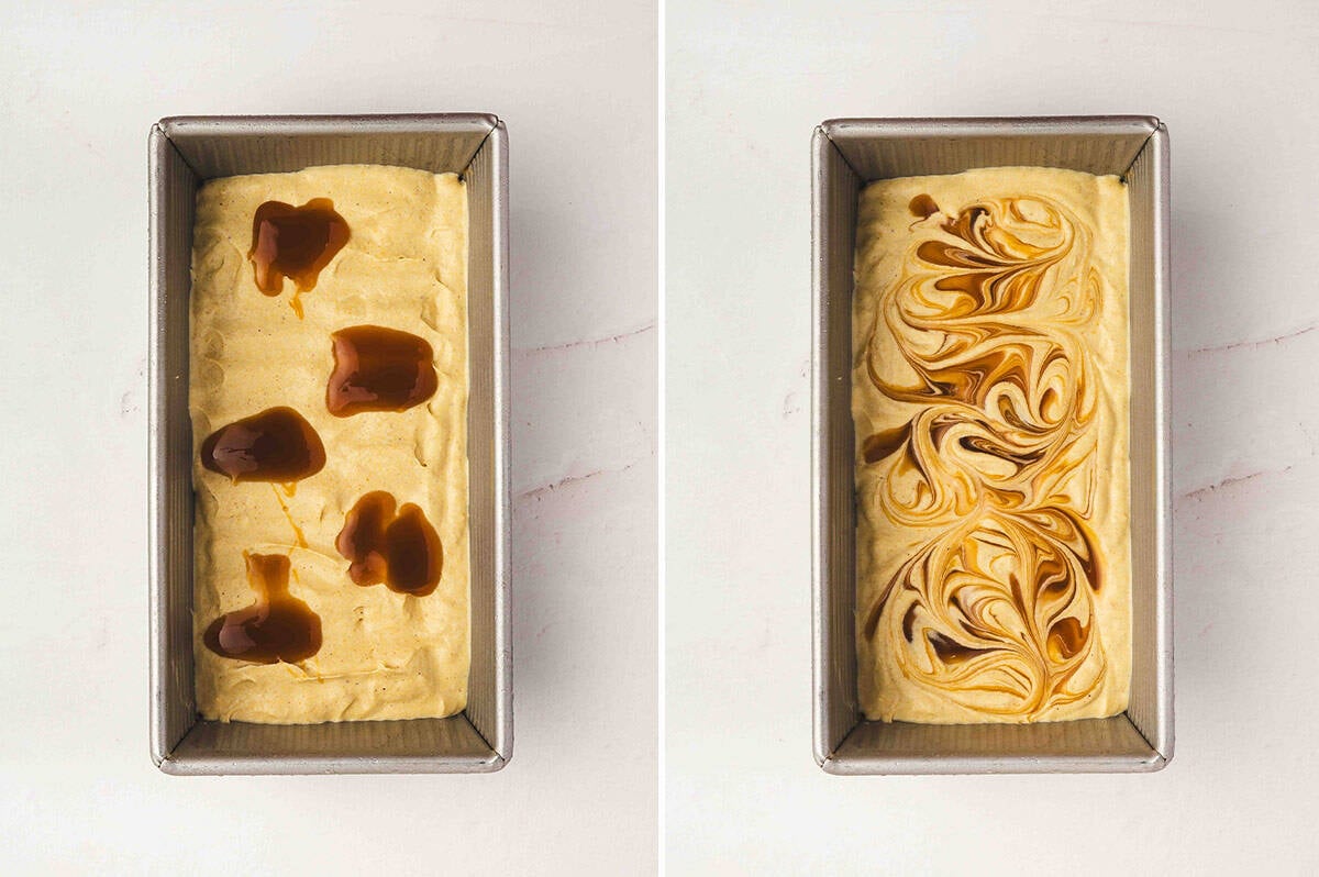 Side by side images. Half of the ice cream mixture layered in a loaf pan with dollops of caramel on top. And Caramel swirled through the mixture in a marbled pattern.