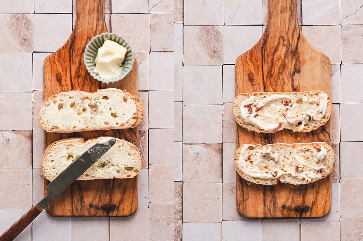 Left: Butter being spread on sliced Italian bread. Right: Bread slices with sun-dried tomato mayo spread on top.
