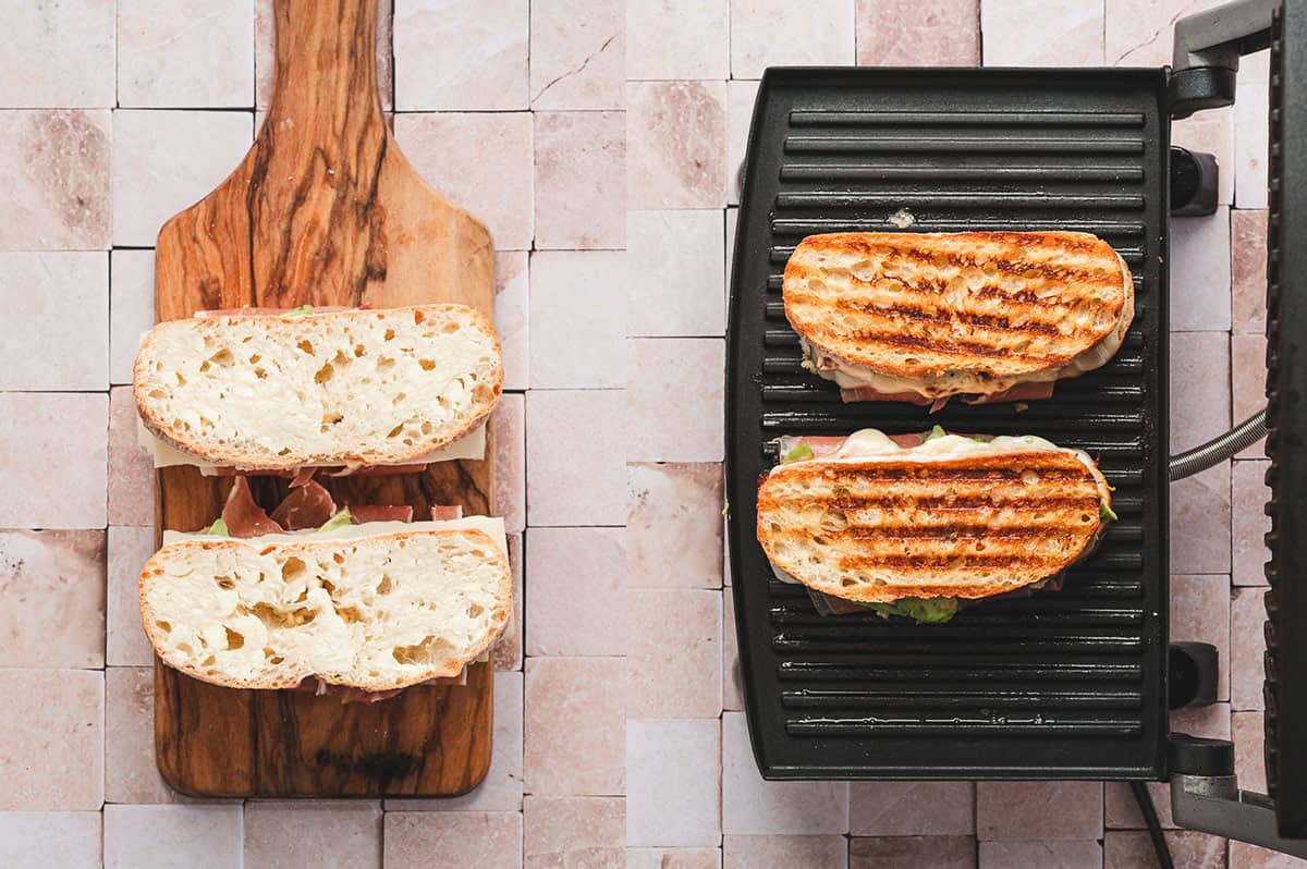Left: Assembled sandwiches on bread before grilling. Right: Panini on the grill with golden toasted grill marks.