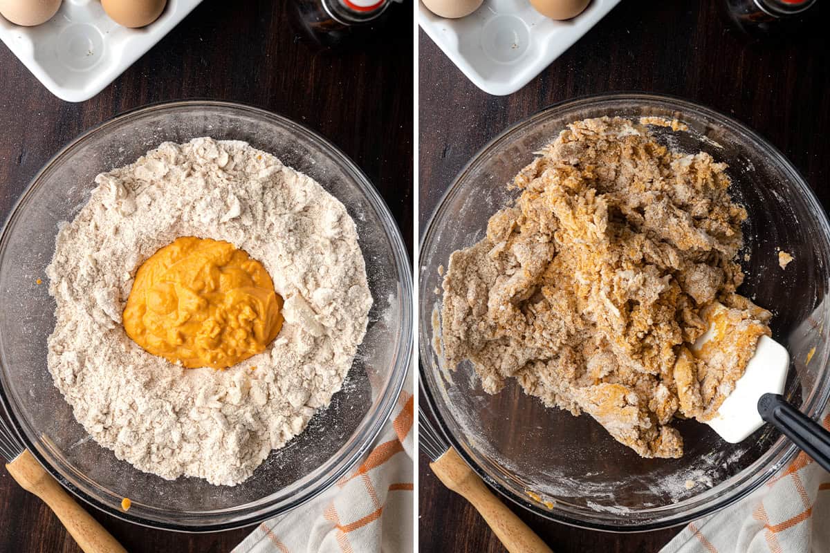 pumpkin scones dough in mixing bowl