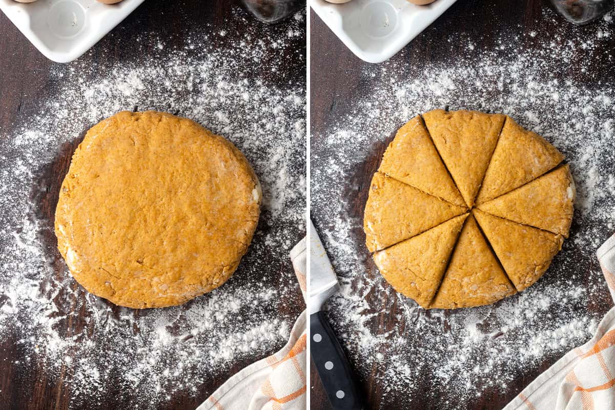 pumpkin scones dough cut into wedges